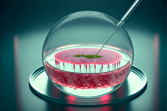 Artificial meat in glass sphere. Lab grown meat. AI generative concept illustration, AI generated imaginary object.