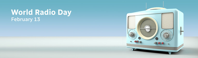 Obraz premium Banner for World Radio Day , February 13th. AI generated vintage radio in blue color. AI generative illustration.