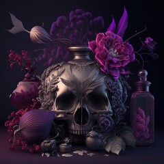 Gothic Valentine still life with skull. AI generative, AI generated illustration. Flowers on dark background. Pink, purple, grey and black colors.