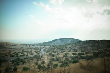 View of the greece nature - high mountain and lakes in valley. Summer nature with green colors.