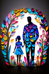 Silhouette of Father and Daughter, Happy Fathers Day Illustration, Paper Cut Style, Generative AI