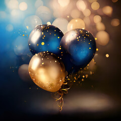 Fototapeta na wymiar Realistic festive background with golden and blue balloons falling confetti blurry background and a bokeh lights