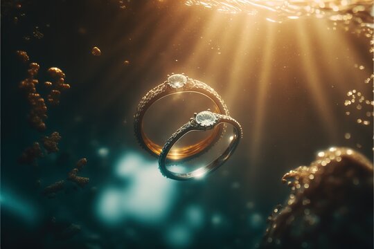 Close-up of underwater wedding rings floating in the ocean. Generative ai