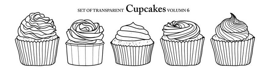Cute hand drawn isolated black outline cupcakes on transparent background png file (Volumn 6)
