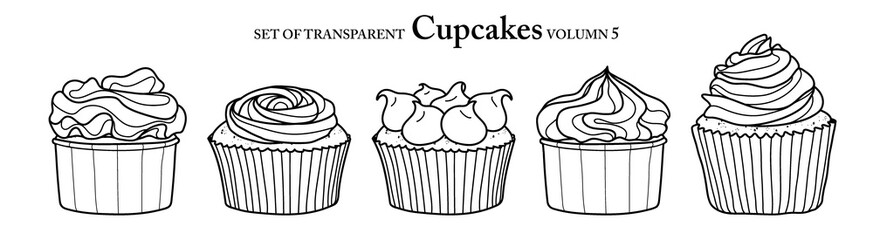 Cute hand drawn isolated black outline cupcakes on transparent background png file (Volumn 5)