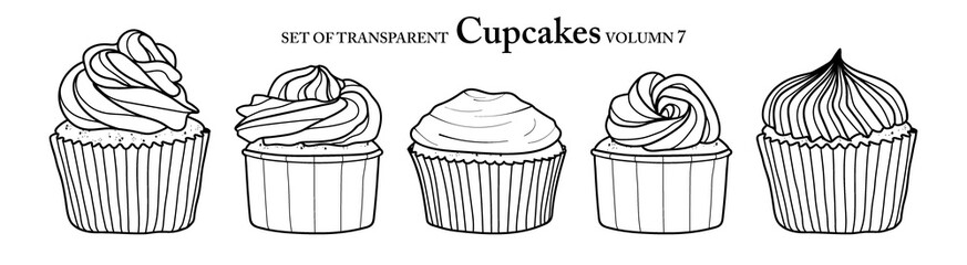 Cute hand drawn isolated black outline cupcakes on transparent background png file (Volumn 7)