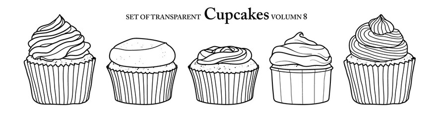 Cute hand drawn isolated black outline cupcakes on transparent background png file (Volumn 8)