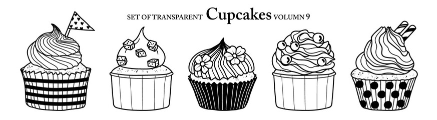 Cute hand drawn isolated black outline cupcakes on transparent background png file (Volumn 9)