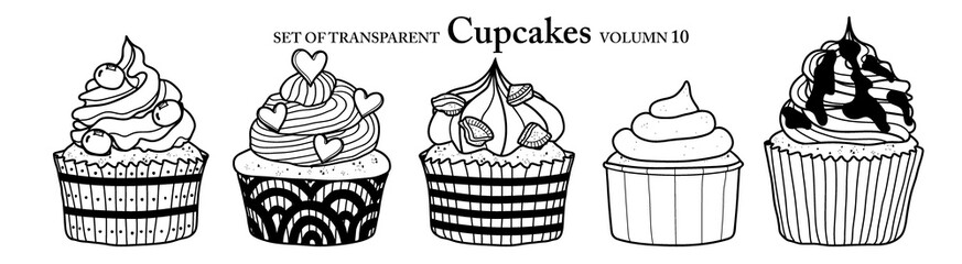 Cute hand drawn isolated black outline cupcakes on transparent background png file (Volumn 10)
