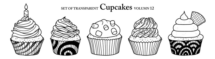 Cute hand drawn isolated black outline cupcakes on transparent background png file (Volumn 12)