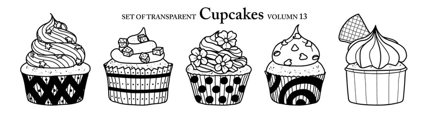 Cute hand drawn isolated black outline cupcakes on transparent background png file (Volumn 13)