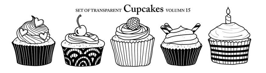 Cute hand drawn isolated black outline cupcakes on transparent background png file (Volumn 15)