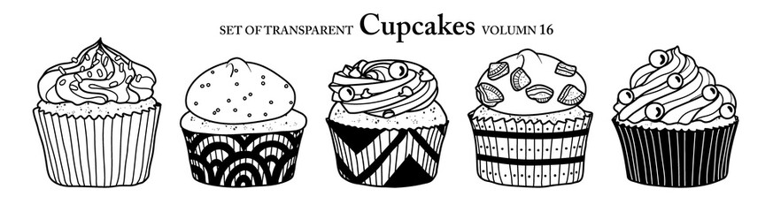 Cute hand drawn isolated black outline cupcakes on transparent background png file (Volumn 16)