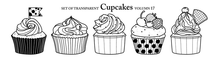 Cute hand drawn isolated black outline cupcakes on transparent background png file (Volumn 17)