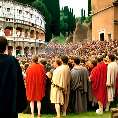 reconstruction of a crowd listening to a Roman emperor speaking in Rome in the Colosseum- generated ai