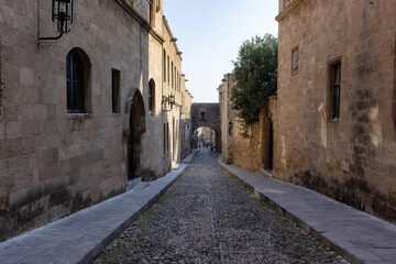 Fototapeta na wymiar Street of the Knights of Rhode in Greece. Historic Landmark in the Old Town.