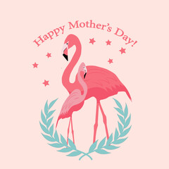 Hand drawn pink flamingo mom with its baby. Cartoon tropical bird. Mothers day card. Design element for poster, banner, t-shirt print and other.