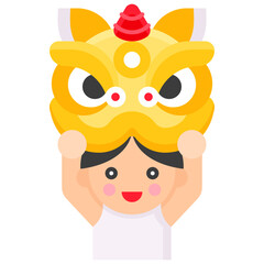 Man raise lion dance head icon, Lion dance related vector