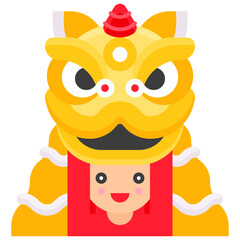 Man raise lion dance head icon, Lion dance related vector