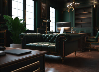 luxury The inside of a large living room features a sofa, a shelf, a vintage armchair, dark green cabinet, and a working corner with a desk, a laptop, and a chair furniture. generative ai
