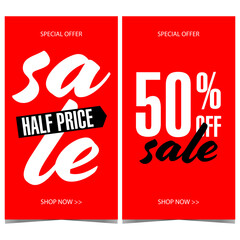 Sale banner design template for discount and special offer promotion. Vector poster or leaflet for shopping season with white and black text on red background. Illustration in flat style.
