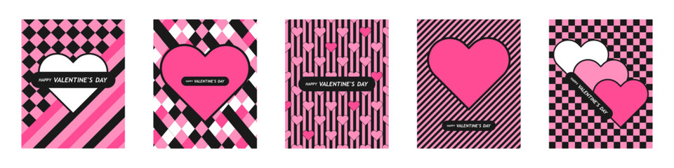 Happy Valentine's Day set of simple cards. Banner or background with heart frame and pattern in pop art flat style for decor, greetings, print, packaging, sale, promo, web. Vector EPS 10