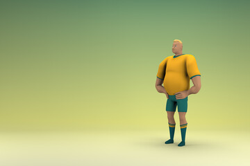 An athlete wearing a yellow shirt and green pants is expression of hand when talking. 3d rendering of cartoon character in acting.