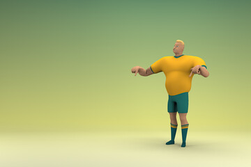 Fototapeta na wymiar An athlete wearing a yellow shirt and green pants is expression of hand when talking. 3d rendering of cartoon character in acting.
