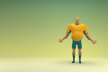 An athlete wearing a yellow shirt and green pants is expression of hand when talking. 3d rendering of cartoon character in acting.