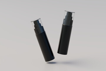 Black Plastic Spray Bottle Mockup. Multiple Bottles. 3D Rendering