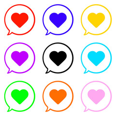 カラフルなハートマークと線がカラフルなまんまるふきだしセット　白フチ