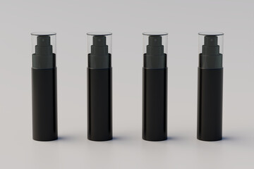 Black Plastic Spray Bottle Mockup. Multiple Bottles. 3D Rendering