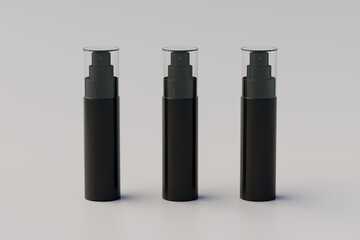 Black Plastic Spray Bottle Mockup. Multiple Bottles. 3D Rendering