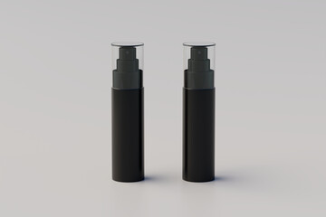 Black Plastic Spray Bottle Mockup. Multiple Bottles. 3D Rendering