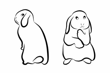 decorative lop-eared rabbit black line. Decorative cute bunny hand drawn vector illustration isolated on white background. Rabbit sits in front. Black and white. Linear drawing. Calligraphy image. Sym