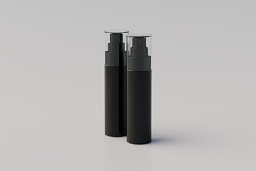 Black Plastic Spray Bottle Mockup. Multiple Bottles. 3D Rendering