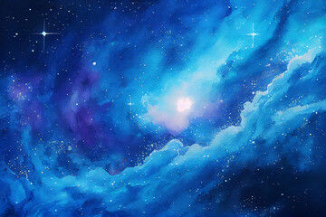 Fototapeta premium 青い星空雲の水彩素材、きらめく星、青い天の川の背景