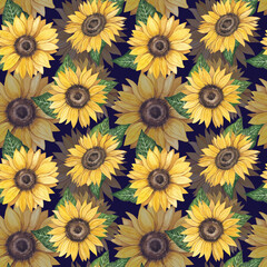 Fototapeta na wymiar Watercolor seamless pattern with sunflowers and leaves. Background with yellow summer flowers. Pattern for wallpaper, stationery, textile, background, for design.
