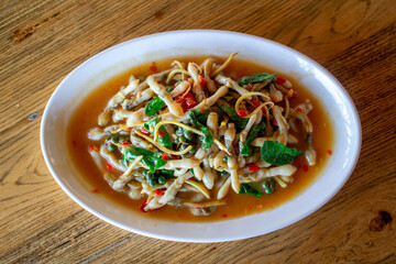 Stir-fried Razor clams with chili and Thai basil, Top view.