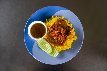 Beef Biryani with green chutney, Top view.