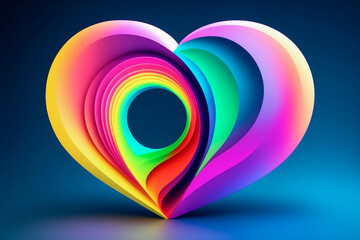 Obraz premium Pattern 3d Heart decorative made of shapes spiral multi colored vivid. Background of Heart concentric shape in Fluor rainbow colors. Generative Ai