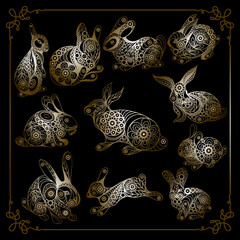 Black water rabbits-symbol of 2023. Chinese New Year. Holiday zodiac sign of animal. Vector illustration set.
