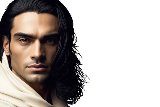 Close-up Portrait Of A Handsome Young Hispanic / Latino Man With Long Hair On A White Background With Copy Space - Not Based On A Real Person, Generative AI