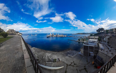 panoramic Corfu Castle old fort Greek island surrounded by blue sea sky  a tourist attraction in Mediterranean Greece.