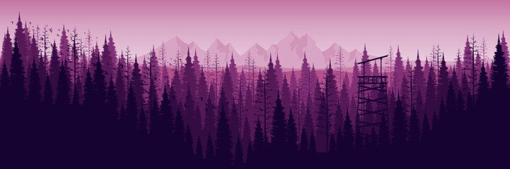 morning view forest mountain landscape silhouette vector illustration good for wallpaper, background, backdrop, banner, adventure design, print, and design template