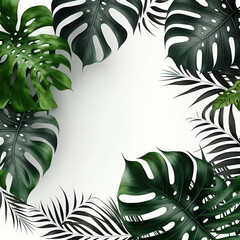 Tropical plant leaves create an abstract frame for white space where text can be inserted. AI generated artwork. 