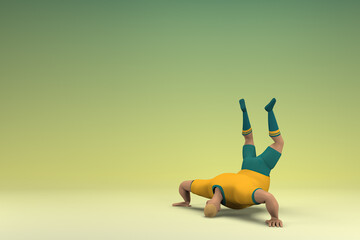 Fototapeta na wymiar An athlete wearing a yellow shirt and green pants. He is falling down. 3d rendering of cartoon character in acting.