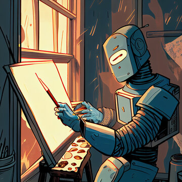 A cyborg sits beside a window and begins painting on a canvas. AI generated artwork concept. 