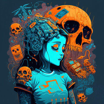 A young woman is surrounded by creepy iconic symbols of technology and social media. AI generated conceptual artwork. 