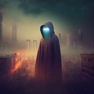Mysterious hooded figure with a glowing face, in front of a smoking, burning city with embers and ash in the air. AI generated conceptual artwork. 
